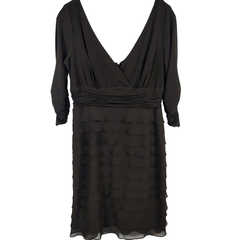S.L. Fashions Womens SZ 12 Tiered Ruffle Cocktail Dress Black Ruched Sleeve LBD